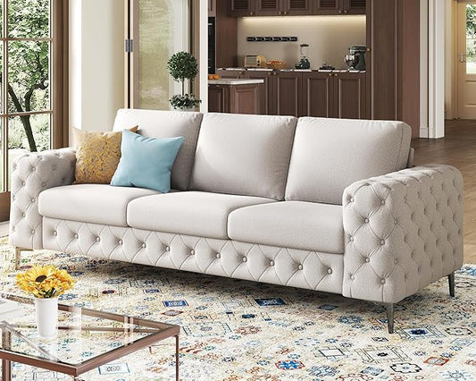 VanAcc Modern Sofa 92 inch 3 Seater Sofa with Stylish Thick Armrest Upholstered Button Tufted Couch for Living Room Apartment Linen Beige Oversized Couch