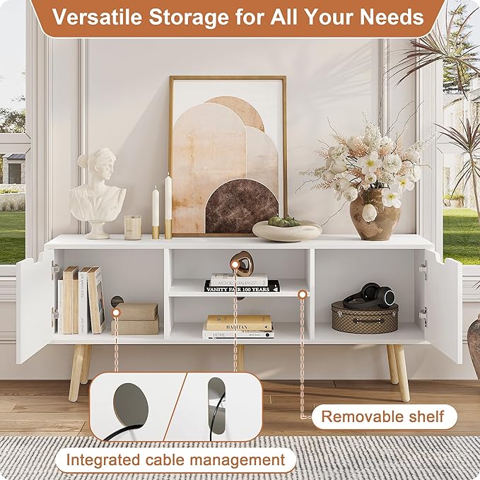 ALINE FURNITURE White TV Stand for 50 55 60+ inch TVs - Media Console with 2 Cabinets &amp Open Shelves Solid Wood Legs - TV Consoles for Living Room - 22 H Entertainment Center for Bedroom