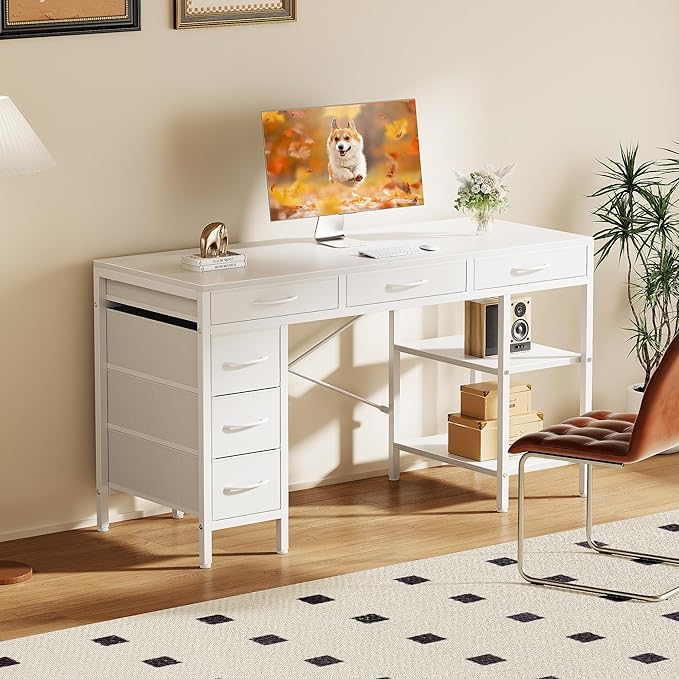 Sweetcrispy 55 Computer Desk with 6 Drawers Home Office Gaming Desks with Storage Shelves for Bedroom Writing Study Corner Living Room Work Table White