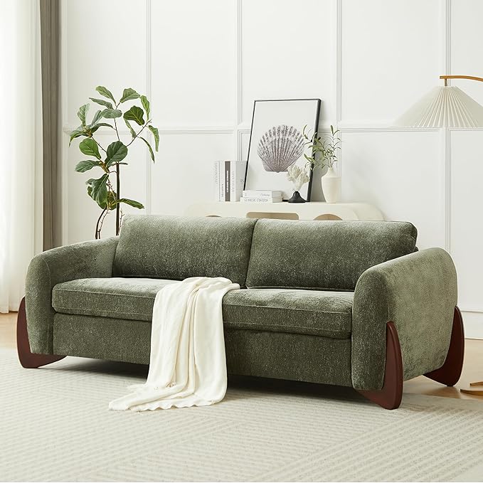 Christopher Knight Home Taki 89 Inches Sofa Couch Cozy Chenille Upholstered 3-Seater Sofa Wood Frame Couches Comfy Home Sofa Living Room and Office Lounge Seating with Armrests Olive Green