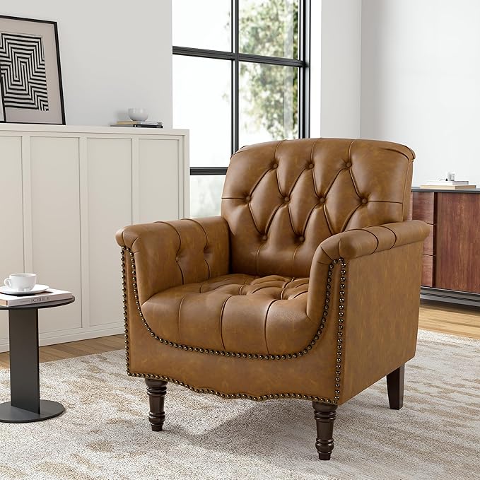 Faux Leather Club Chair Retro Upholstered Armchair Accent Chair with Solid Wood Legs &amp Nailhead Trim for Living Room Bedroom Reading Room Camel