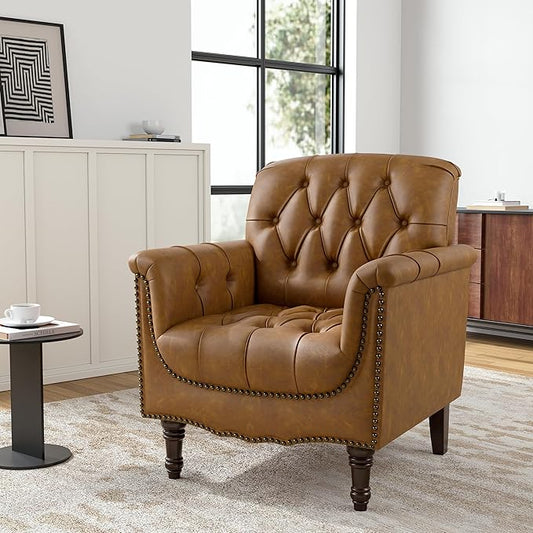 Faux Leather Club Chair Retro Upholstered Armchair Accent Chair with Solid Wood Legs &amp Nailhead Trim for Living Room Bedroom Reading Room Camel