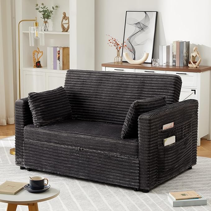 Loveseat Sleeper Sofa Bed 55'' Pull Out Couch with Adjustable Backrest Charging Station and Side Pockets Corduroy Couches for Living Room Bedroom and Apartment Dark Grey