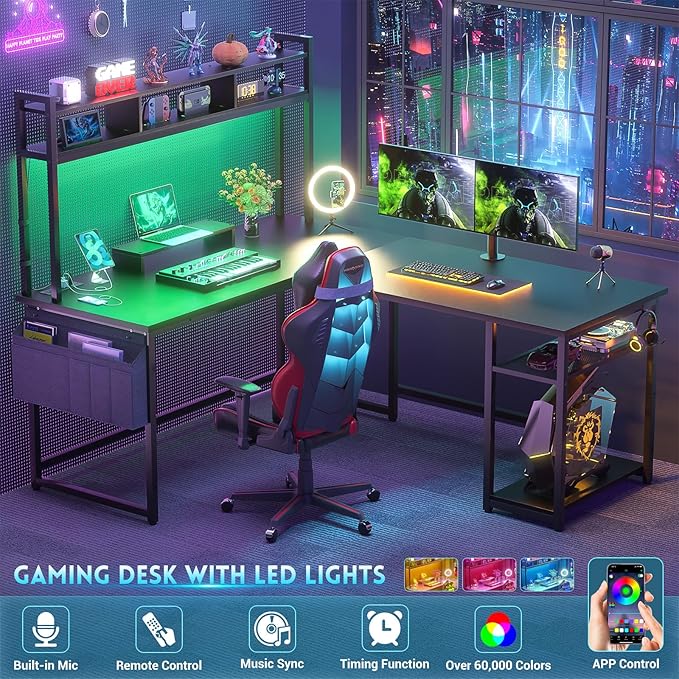 Aheaplus L Shaped Gaming Desk 59 Gaming Desk with Power Outlet and Led Lights Reversible L Shaped Computer Desk with Hutch &amp Monitor Stand Home Office Desk L Shaped Desk Corner Desk Black