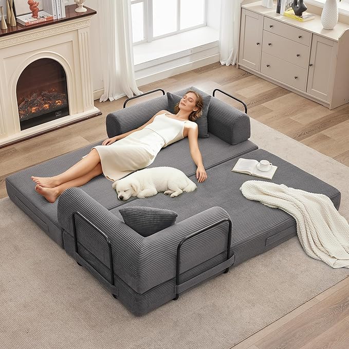 78'' Convertible Sleeper Sofa Bed4 in 1 Corduroy Boneless Couch with PillowsFolding Sectional Couch with Pull Out BedFloor Sofa Loveseat for Living RoomBedroomNo Assembly RequiredGray