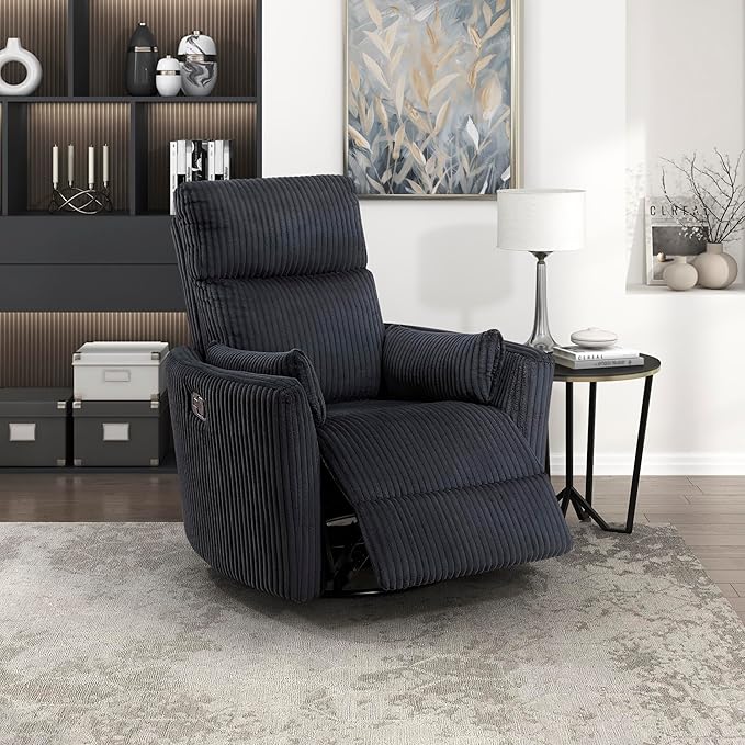 Lexicon Modern Swivel Glider Recliner Chair Nursery Glider Corduroy Fabric Upholstery Recliner with 2 Lumbar Pillows Manual Reclining Sofa Chair for Living Room/Office/Apartment Black