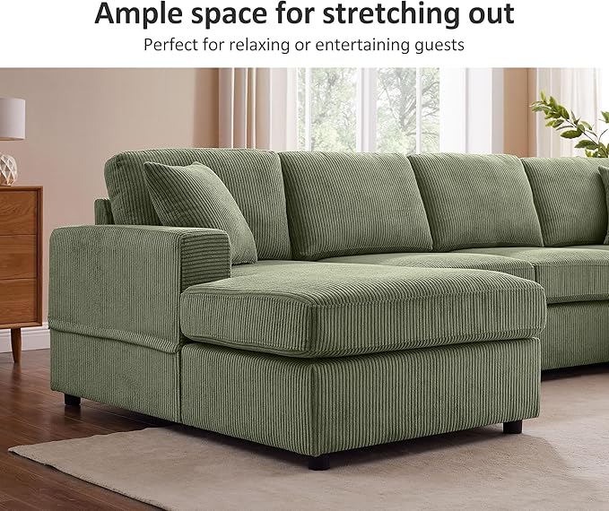 VANOMi 119 L-Shaped Sectional Sofa with Reversible Chaise Modern Corduroy Couch with Deep Seats 4-Seater Upholstered Sofa for Living Room or Apartment Green