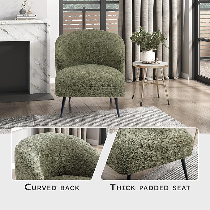 Lexicon Modern Accent Chair Boucle Fabric Upholstered Single Sofa Chair with Curved Back for Living Room/Bedroom/Office/Apartment Green