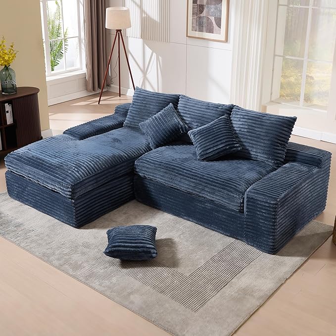 98.8 Cloud L Shape Sectional Couch with Deep Seat Modern Boneless Compressed Sofa with Chaise 4 Seat Corduroy Couches for Living Room Bedroom No Assembly Required (Blue)