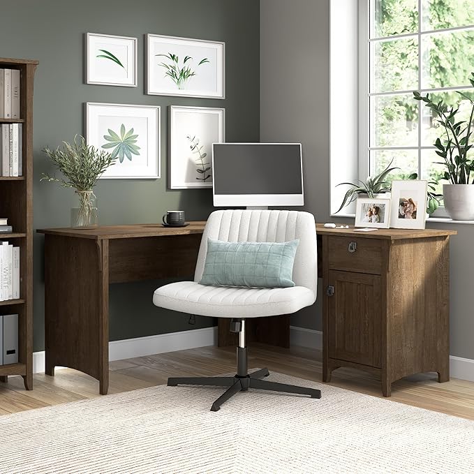 Bush Furniture Salinas L-Shaped Desk with Storage | Study Table with Drawers &amp Cabinets | Home Office Computer Desk in Ash Brown