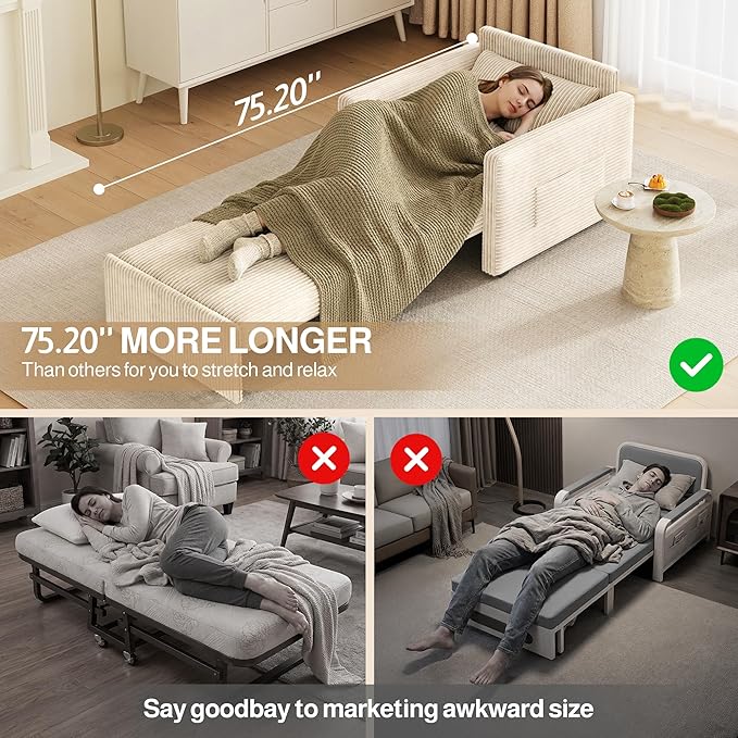 Ahomly 3 in 1 Pull Out Sleeper Sofa (Beige)