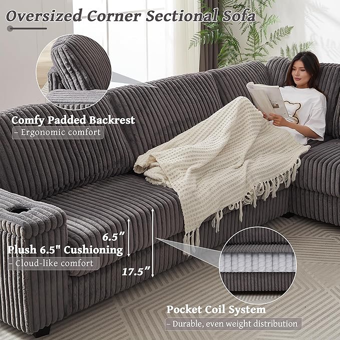 110 Oversized L-Shaped Sectional Sofa Plush Corduroy Deep Seat Couch Large V Shaped Corner Couch with Storage USB Charging Cup Holder Modern Upholstered Sectional for Living Room (Grey)