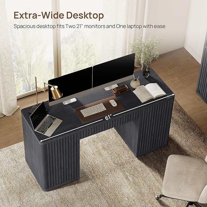 SICOTAS 61 Large Office Computer Desk with Storage Modern Home Office Desks with Drawer &amp Doors Fluted Desks Executive Desk Wooden Writing Table Vanity Table for Living Room Bedroom Black Alder