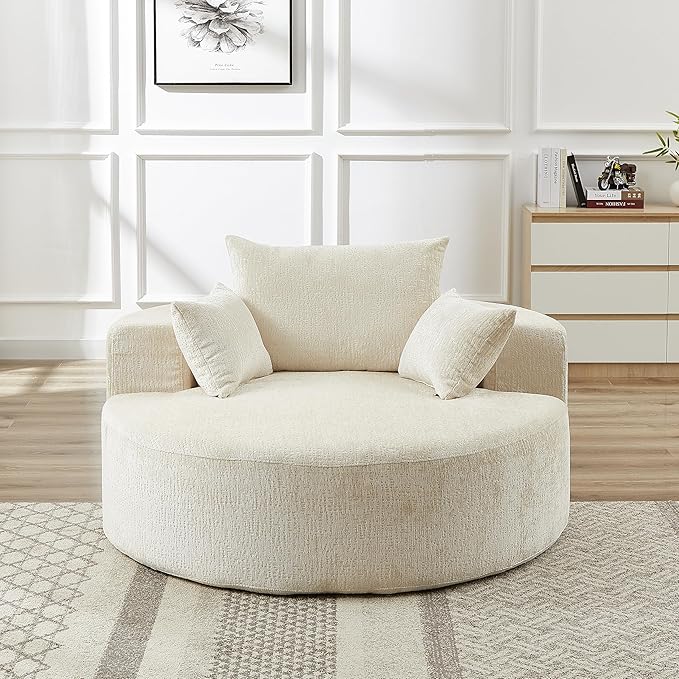 55 Oversized Chaise lounge Chair Indoor Modern Upholstered Deep Seat Wide Armrest Single Floor Circle Round Sofa Chair Sleeper for Small Living Room Bedroom Apartment with Pillow Beige Chenille