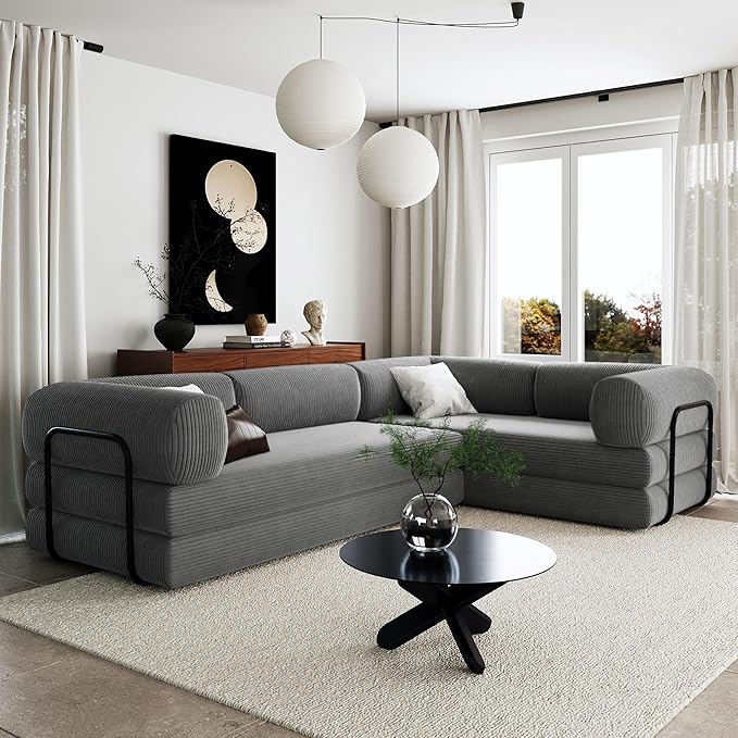 Merax L-Shaped Modular Sofa Bed in Corduroy Fabric Convertible Sleeper Sofa Bed 4 Seat Floor Couch for Living Rooms and Apartments No Assembly Required Gray