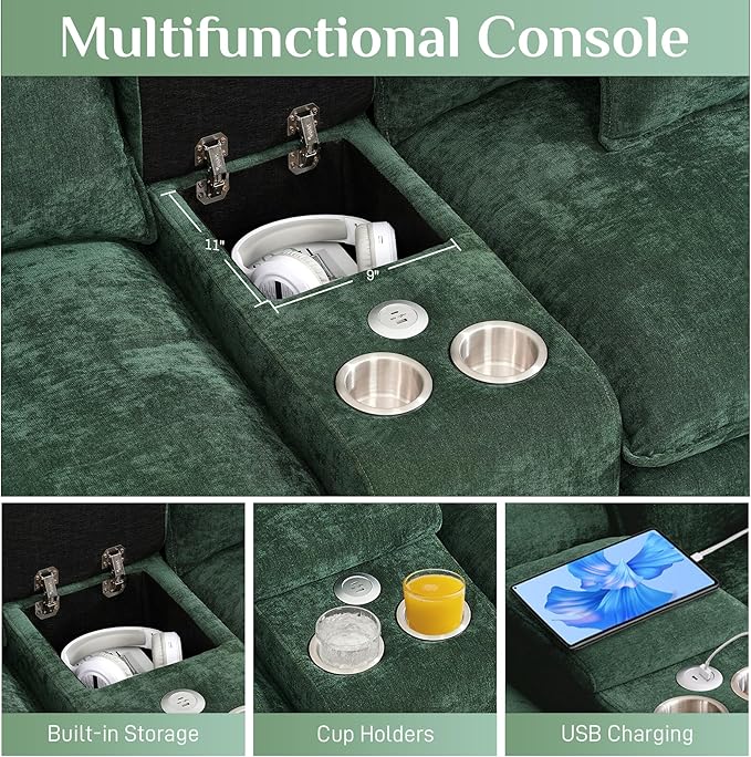 145 Oversized Modular Sectional Sofa U Shaped Cloud Couch Modern 6 Seat Sofa Set for Living Room Comfy Chenille Deep Seat with Storage Central Console Movable Ottomans Cup Holders USB Ports Green