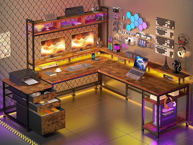 EnHomee 64 x 60 Inches L Shaped Desk with Hutch and Drawers Gaming Desk with Power Outlet &amp Monitor Stand &amp LED Lights Computer Corner Desk Two Person Office Desk for Living Bedroom Rusti