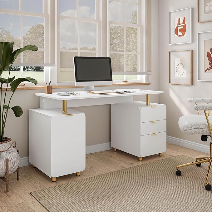 Elegant 56.75 W Executive Desk with 3 Drawers and Storage Cabinet Modern Office Desk with Gold Accents Floating Work Surface Closed Storage with Ventilation &amp Adjustable Shelf (WhiteGold)