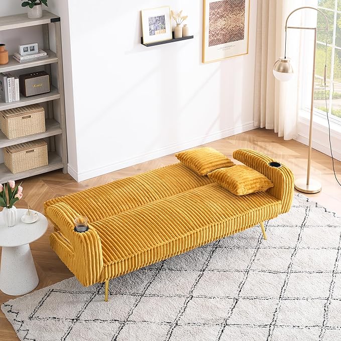 73 Convertible Futon Sofa BedModern Corduroy Sleeper Couch with 3 Reclining BackrestsGolden Chrome LegsComfy Cloud Sofa Loveseat for Small Living Room Bedroom Office (Yellow)