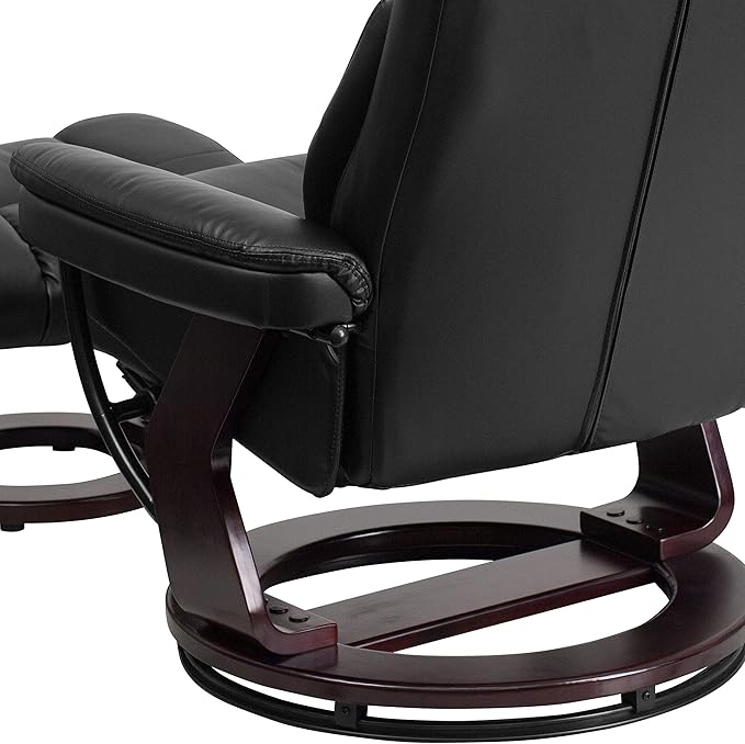 Flash Furniture Allie LeatherSoft Upholstered Recliner with Footrest Arms and Headrest Padded Swivel Recliner Chair and Ottoman Set Black