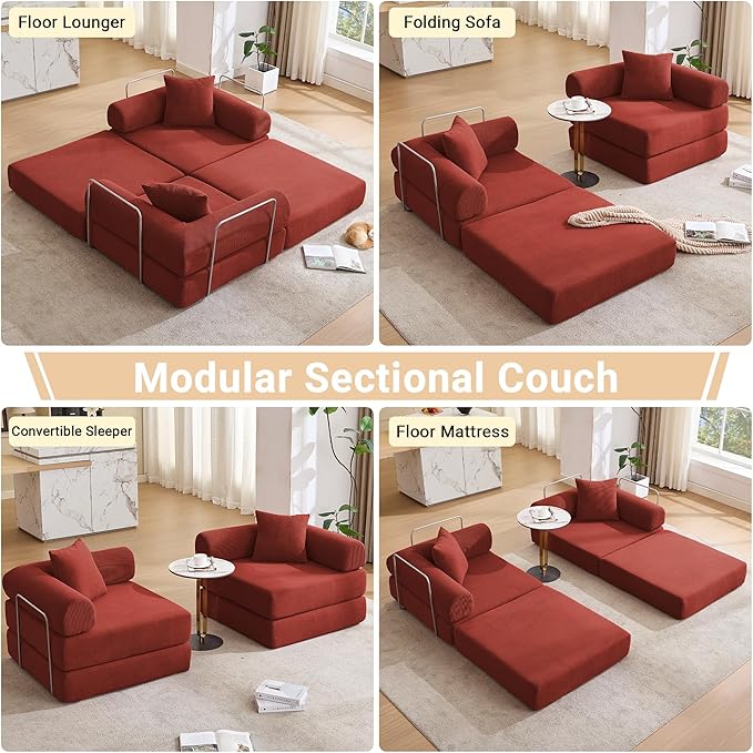 73 Convertible Sleeper Sofa Bed Corduroy Boneless Couch in a Box 4-in-1 Folding Mattress Loveseat Couch Comfy Modular Foldable Floor Sleeper Sofa with 2 Pillows and Fixed-Shape Frame (Red 73)