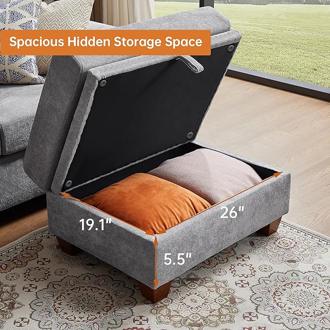 4-Seat Sectional Couches for Living Room Bedroom Office with Storage L Shape Convertible Sectional Sofa Couch with Ottoman and Cup Holders Light Grey