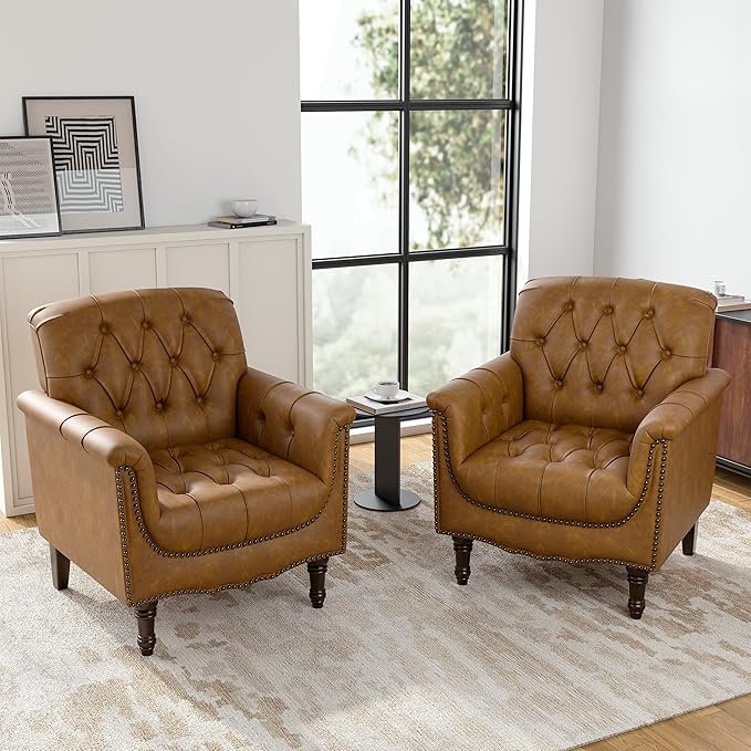 Faux Leather Club Chair Retro Upholstered Armchair Accent Chair with Solid Wood Legs &amp Nailhead Trim for Living Room Bedroom Reading Room Camel