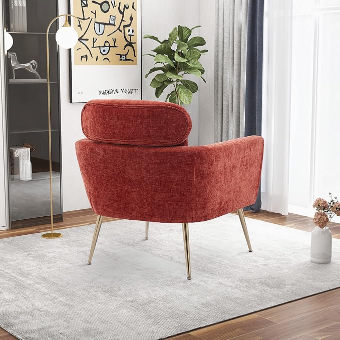 29.5W Modern Chenille Accent Chair Armchair Upholstered Reading Chair Single Sofa Leisure Club Chair with Gold Metal Leg and Throw Pillow for Living Room Bedroom Dorm Room Office Terracotta Chenille