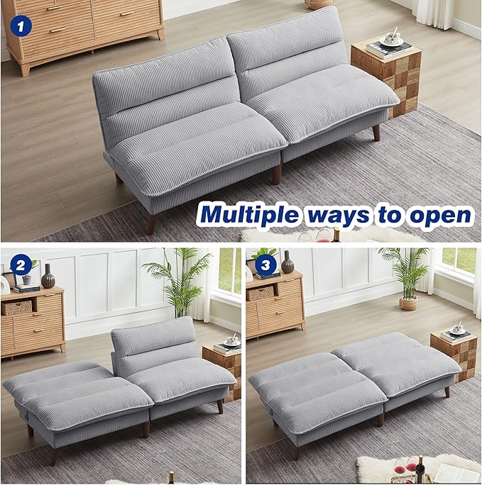 72 Futon Sofa Bed Convertible Futon Couch with Adjustable Backrest Modern Corduroy Sleeper Sofa for Small Spaces Living Room Office Light Grey