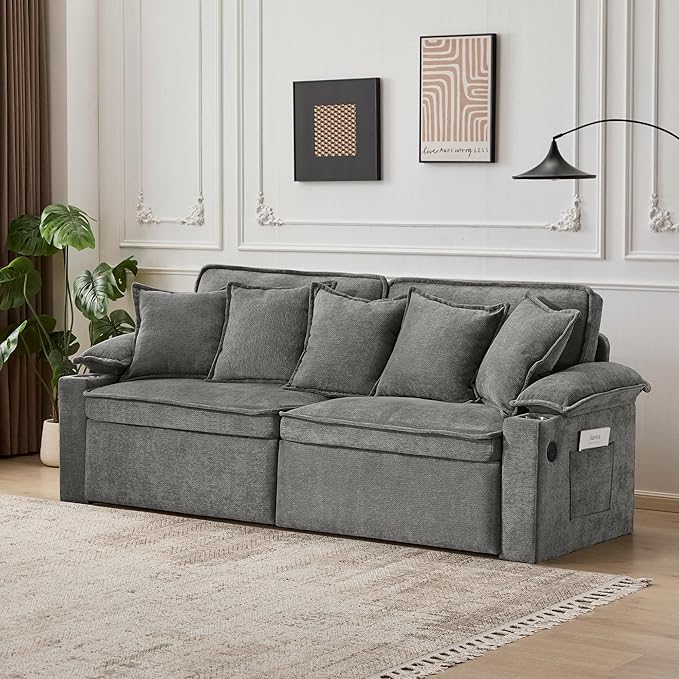 82.7’’ King Size Light Grey Pull Out Sofa Bed 3 in 1 Convertible Sleeper Sofa Bed with Futon Sofa  Chenille Loveseat Couch Bed with USB and Storage Pockets for Living RoomBedroom Pet-Friendly | Pu