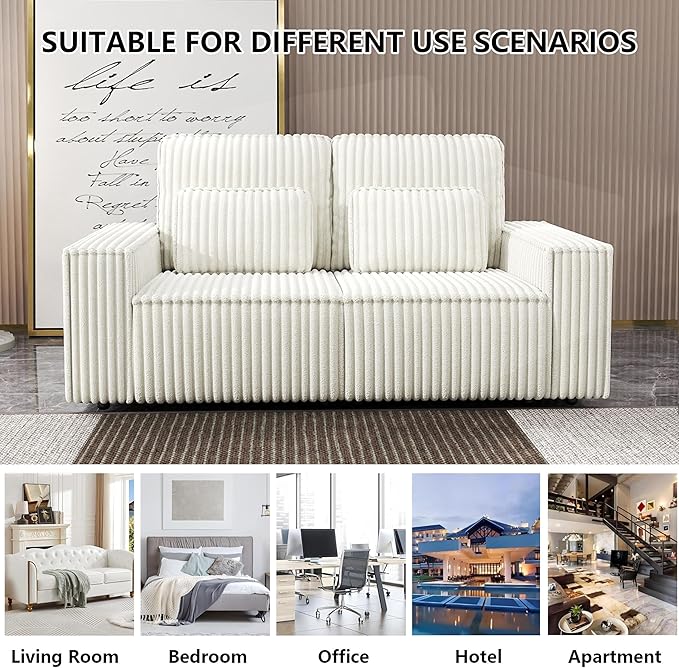mikibama Modern Corduroy Loveseat 2 Seat Sofa CouchModular Sectional 2 Seater Sofas with PillowsDeep Love Seat Couches with Wide Square Arms for Living Room (Off White Loveseat)