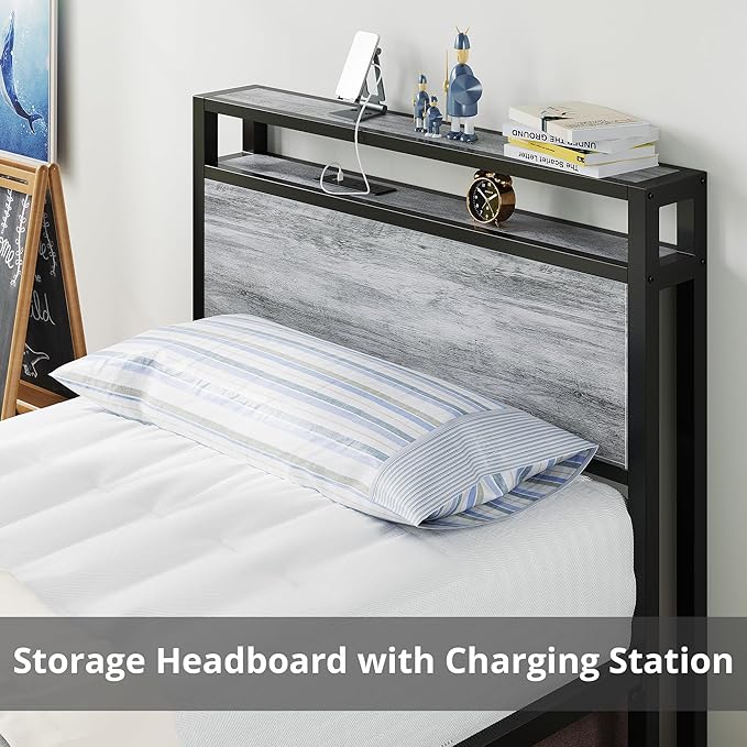 LIKIMIO Twin Bed Frames with Drawer Storage Headboard with Outlets No Box Spring Needed Easy Assembly Industrial Gray