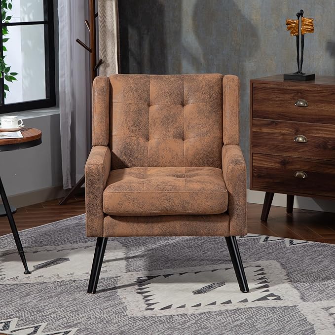 Mid-Century Modern Accent Chair Plush Suede Fabric with Button Tufted High Back &amp 5 Thick Cushion High Comfort Reading Chair for Living Room Bedroom Office (Brown)
