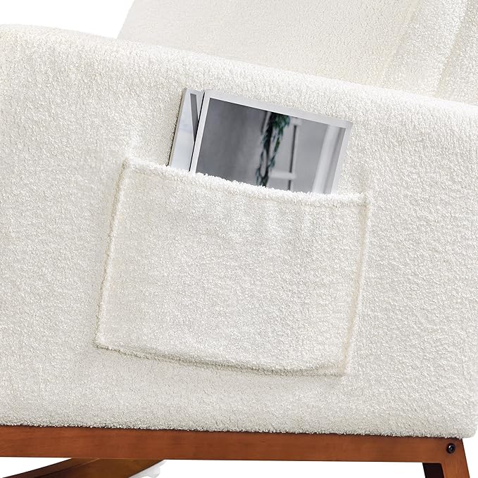 Yaheetech Boucle Living Room Chair Modern Upholstered Rocking Accent Chair Glider Chair Nursery Chair with Side Pocket and High Back Armchair for Living Room Bedroom Lounge Ivory