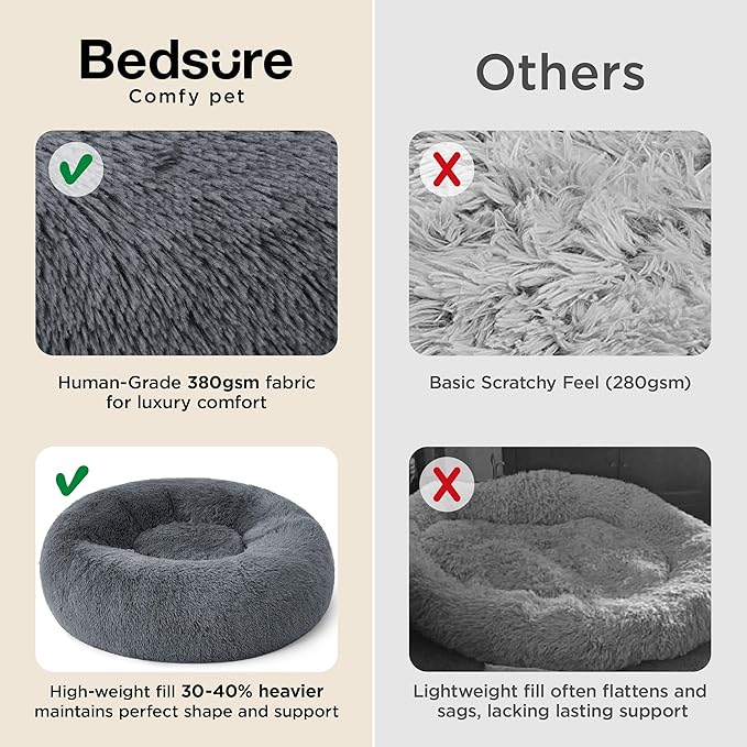 Bedsure Calming Dog Bed for Medium Large Dogs - Donut Washable Large Pet Bed 33 inches Anti-Slip Round Fluffy Plush Faux Fur Dog Bed Dark Grey