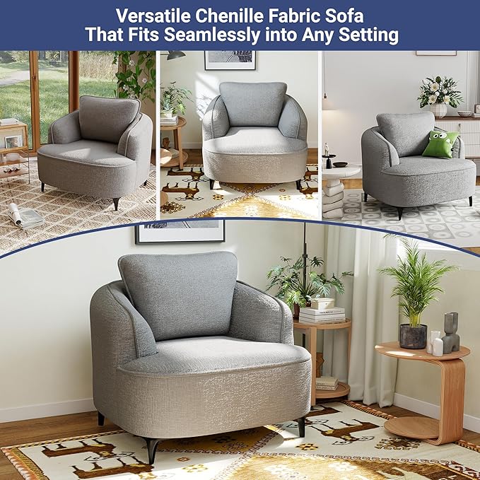 36 Lounge Chair with Metal Leg Accent Chair with Plush Chenille Upholstery Ergonomic Back &amp Boneless Comfort for Living Room Bedroom Office No-Assembly Grey