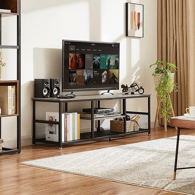VECELO Industrial TV Stand for Televisions up to 65 Inch 55 Entertainment Center with Open Storage Shelves for Living Room/Bedroom 3 Tiers Media Console Table with Metal Frame Grey 55 Inches