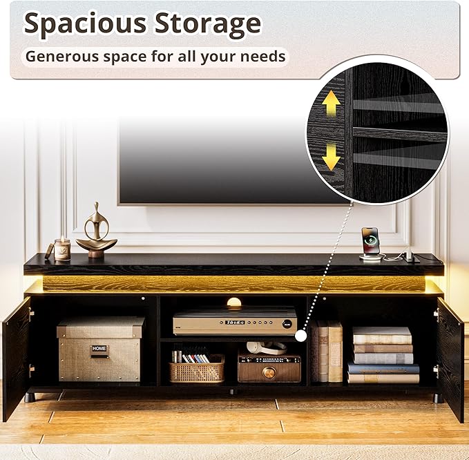 IRONCK TV Stands for TVs 75+ Inch with LED Lights and Power Outlet Modern TV Console Entertainment Center with Storage Cabinet for Living Room