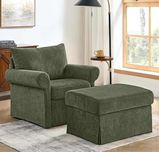 35.82 Accent Chair with Ottoman Set Upholstered Living Room Chairs for Reading Chair with Chaise Lounge Chairs Indoor Comfortable Armchair for Bedroom (Green 35.82)
