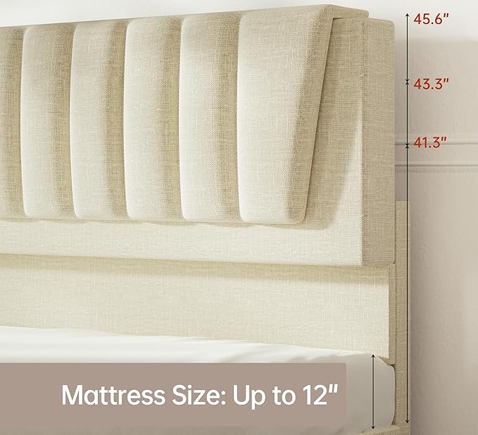 Full Bed Frame with 2 Storage Drawers Modern Linen Bed with Upholstered Headboard Bed Frame with Adjustable Upholstered Headboard &amp LED Lights No Box Spring Needed Beige