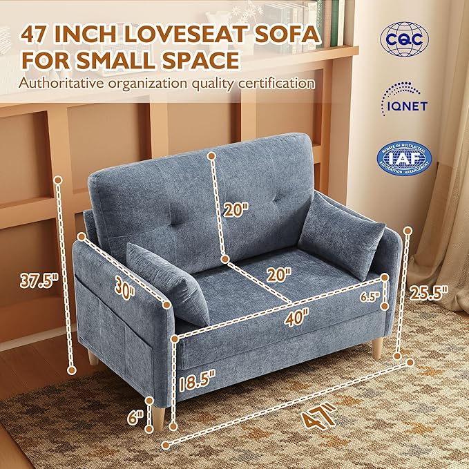 47 Small Sofa Couch for Bedroom Soft Chenille loveseat Mini Couch with Throw Pillow and Removable Cushion Cover for Small Spaces Living Room Apartment Dorm Office(Blue Grey)