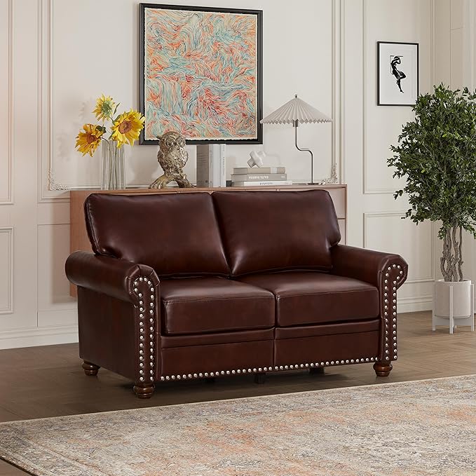 59 Faux Leather Pu Loveseat Underseat Storage Classic Love Seat Couch Elegance 2 Seat with Rolled Armrests Nailhead Trim Wood Legs Traditional Living Room Accent Sofa 2 Seat-Burgundy