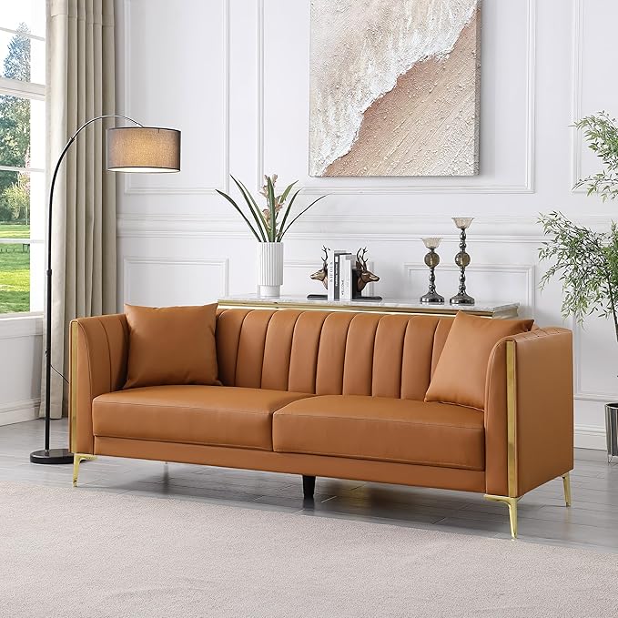 FOTOSOK Leather Couch Sofa Office Couches 78'' Apartment Faux Leather Sofa with 2 Throw Pillows &amp Gold Metal Legs Waterproof 3 Seater Couches for Small Living Room Affordable Luxury Design