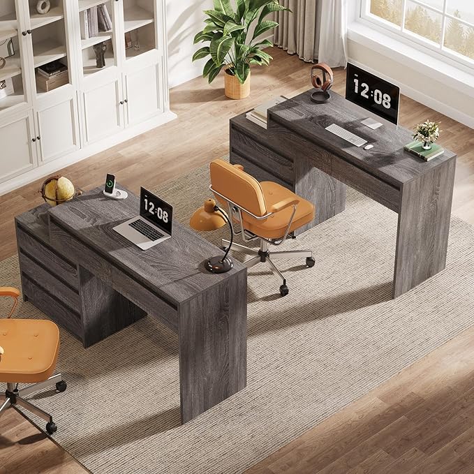 Tribesigns Computer Desk with 5 Drawers Executive Home Office Desk with File Cabinet and Printer Stand Industrial Rustic Wood Desk for Small Spaces Study Writing Workstation (Gray)