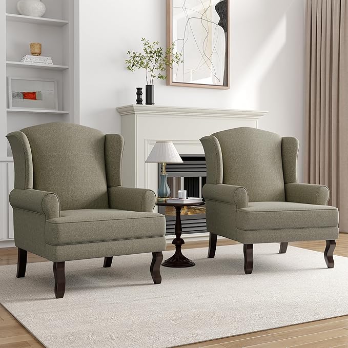 High Back Accent Chairs Set of 2 Comfy Upholstered Fabric Armchair for Living Room Mid Century Modern Club Accent Chair with Solid Wood Legs Single Sofa Reading Chair for Bedroom Light Camel