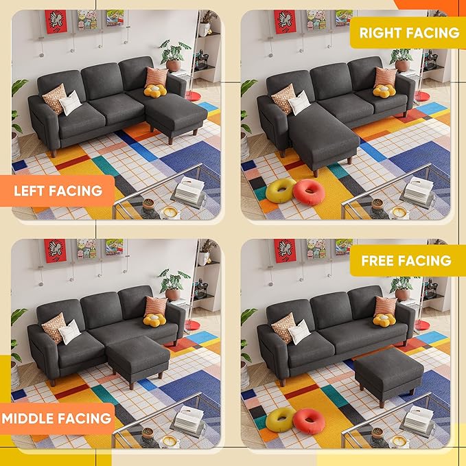 YESHOMY Couch for Living Room Small L-Shaped Couch with Convertible Chaise Comfy Sectional Sofa with Ottoman and Side Pockets for Small SpaceDark Grey