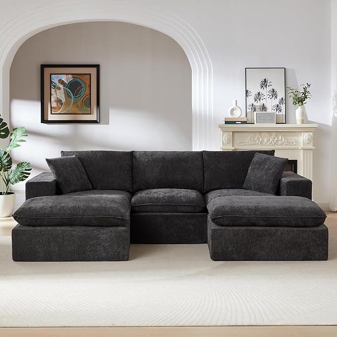 KEIKI 108 U-Shaped Oversized Chenille Modular Sectional Sofa with 2 Ottoman &amp High-Density Foam Cushion &amp Pillows Upholstered Modern Cloud 3-Seater Couch Easy Assembly for Living Room Dar