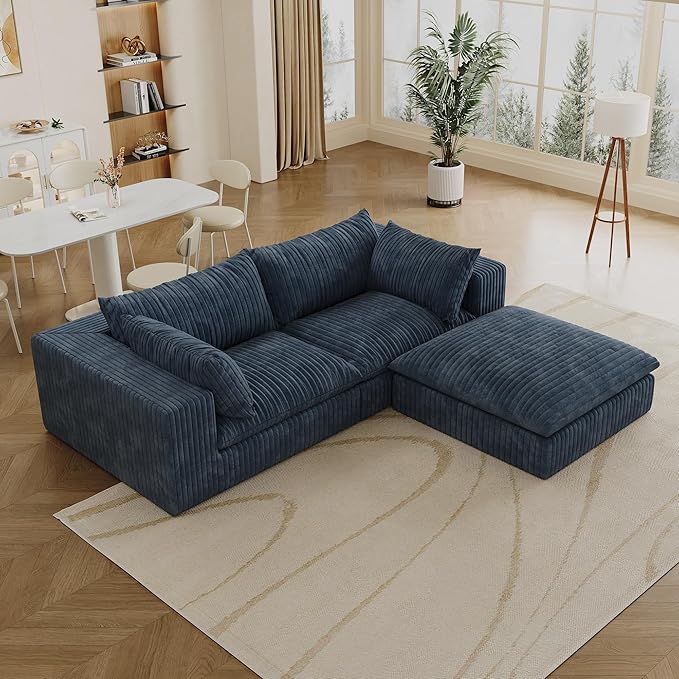 78.8 Corduroy Cloud Loveseat Sofa with Ottoman L Shaped Modular Sectional Couch with Removable Cushion No Assembly Required Deep Seat Boneless Couches for Living Room (Blue &amp 1 Ottoman)