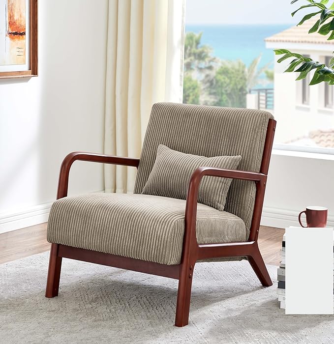 Modern Wooden Leisure Chair with Corduroy Fabric Medieval Comfortable Chair Suitable for Living Room Bedroom Study