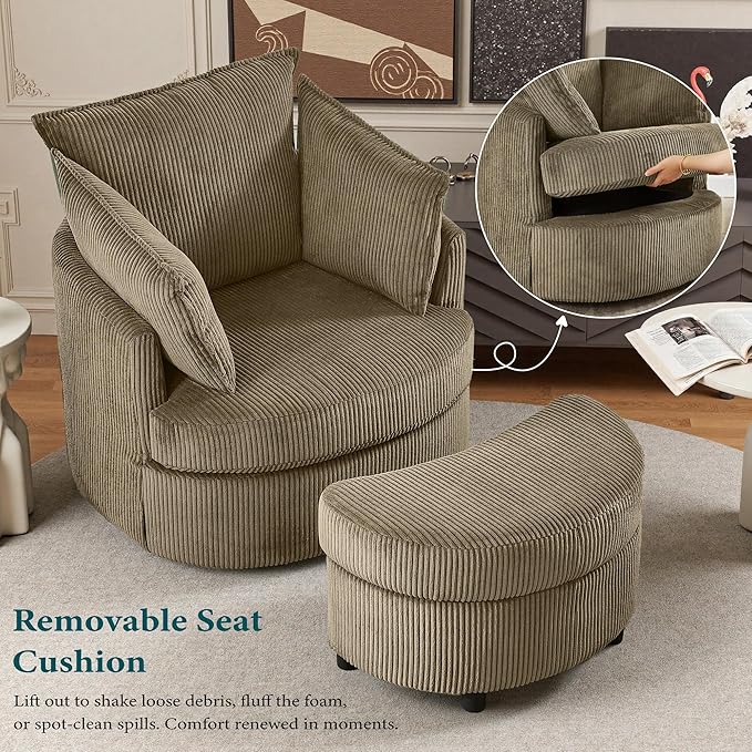 Swivel Accent Chair Round Barrel Armchair Upholstered Living Room Chair Corduroy Reading Chair Single Sofa Chair for Bedroom Apartment Office (Brown Upgrade 1Seater+ Ottoman)